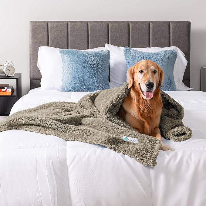 PetAmi Fluffy Waterproof Dog Blanket for Bed Large Dogs, Soft Warm Pet Sherpa Throw Pee Proof Couch Cover, Reversible Cat Blanket Sofa Crate Kennel Protector, Washable Mat Queen (Taupe Camel, 90x90)