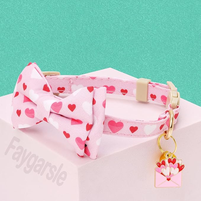 Faygarsle 2 Pack Breakaway Cat Collar with Bow and Bell, Heart Pattern, Pink, Adjustable Safety Buckle, Valentine's Day Theme