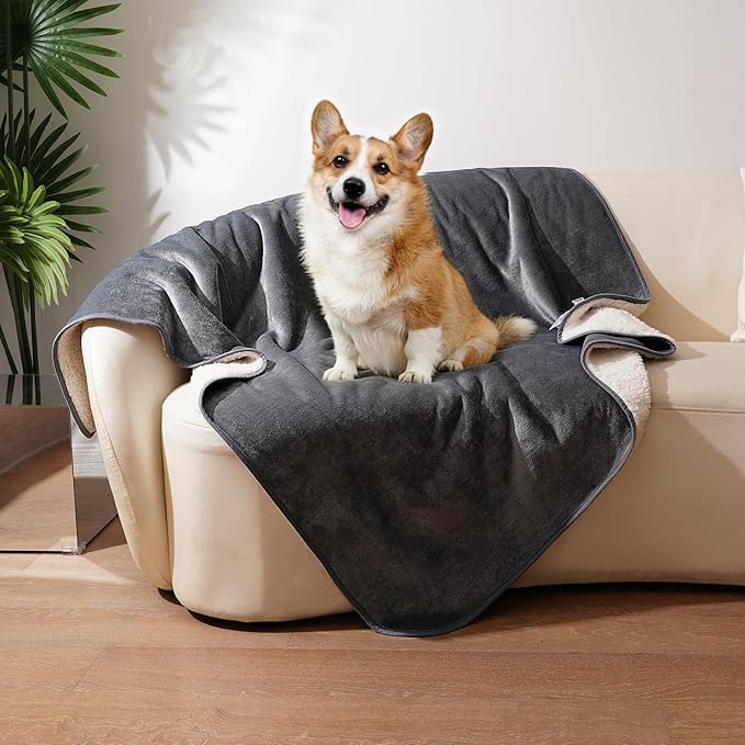 Sunheir Waterproof Dog Blanket for Bed Couch, Soft Plush Pet Blankets for Small Medium Large Dogs Cats, Washable Puppy Blankets with Reversible Sherpa Fleece Furniture Protector, 25"X 35", Grey