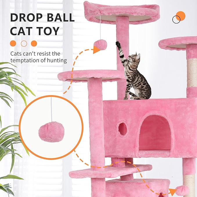 BestPet | 54" Cat Tree Tower | Pink | Sturdy, Easy to Assemble, Multi-Level Activity Center with Sisal Scratching Posts, Condos, Perches, Hanging Cat Toys, Observation Decks & Ladder