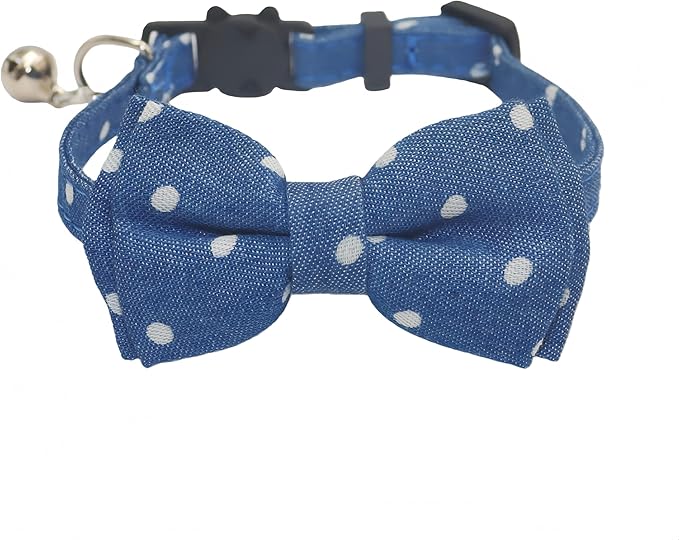 THAIN Cat Collar Breakaway with Bell and Bow Tie Safety Buckle Denim Dots Adjustable 7-11 inches for Kitten Cats(Denim Dots)