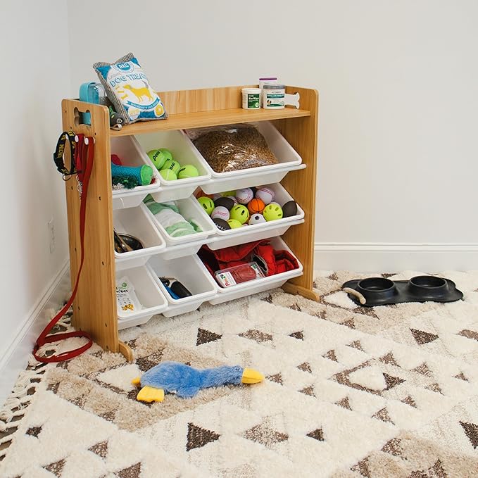 Humble Crew Aspen Pet Supplies Organizer with Shelf and 9 Storage Bins – Natural Wood Frame with White Bins, Hooks & Bone Cutout Handles for Dogs, Cats & Small Pets