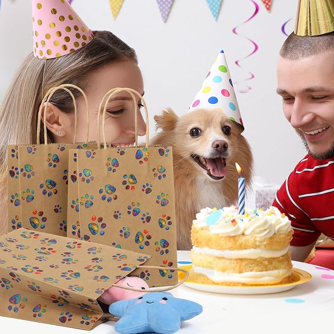 Blulu 20 Pcs Puppy Dog Paw Gift Bags with Paper Twist Handles, Dog Gift Paper Paw Treat Goodie Bags for PET Treat Party Favor, 6.3 x 3.1 x 8.6 Inch(Kraft Backing, Dazzling Paws)