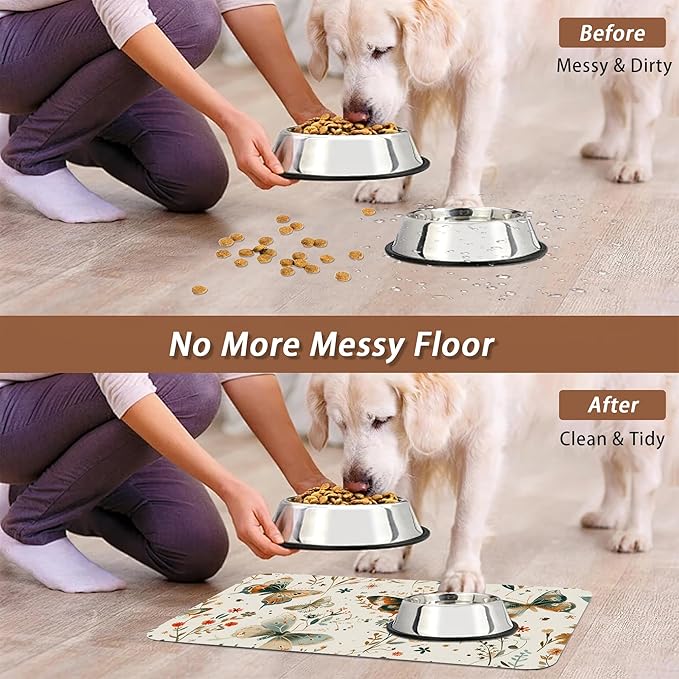 Butterfly Dog Food Mat for Floors,Boho Garden Vintage Absorbent Pet Food and Water Bowl Mats,Non-Slip Pet Feeding Mat,Pet Supplies 16" x 24"