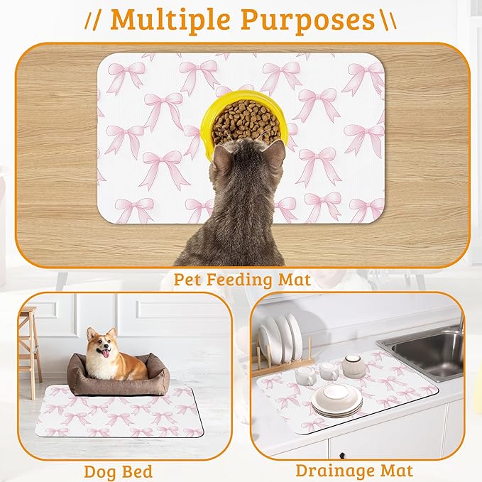 Pet Feeding Mat,Pink Bows Absorbent Dog Cat Food Mat Cute Dog Mat with Rubber Backing,Non-Slip Water Bowl Placemat,Pet Supplies 12" x 20"