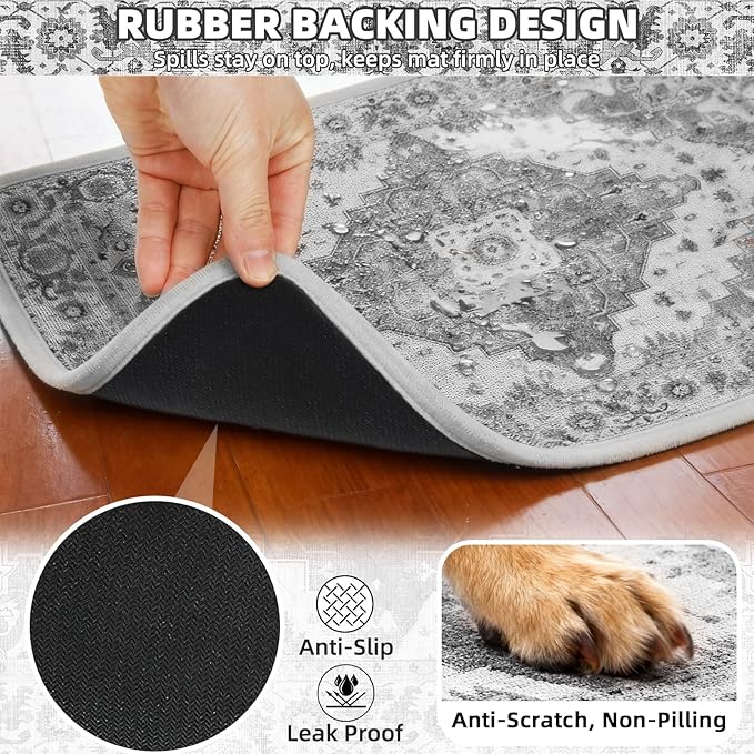 PUPTECK Dog Food Mat, Absorbent Pet Feeding Bowl Mat, Non-Slip Dog Mat for Food and Water, Quick Dry No Stains Cat Placemats Pet Supplies for Messy Drinkers, Grey 12"x20"