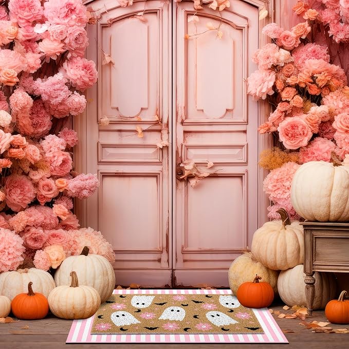 Tinideya 2 Pcs Door Mat Welcome Non Slip Coir Mats Floor Layering Doormats Seasonal for Front Porch Entryway Decor(Flower Ghost)