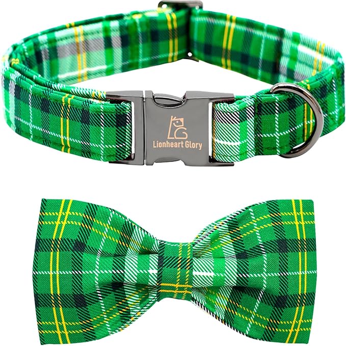 Lionheart glory Dog Bow Collar St. Patrick's Day Dog Collar for Large Dogs, Adjustable Green Plaid Collars Spring Dog Collar with Bowtie Pet Collar Bows Cute Collars