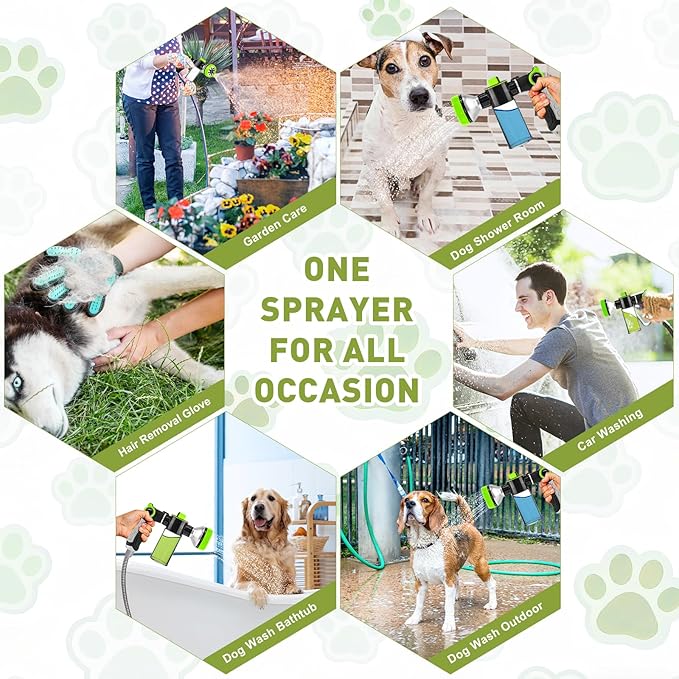 Dog Washing Hose Attachment - Dog Shower Attachment with 3-Way Diverter and 6.56FT Shower Hose, 8-in-1 Water Nozzle Soap Sprayer for Pet Bathing and Garden Nozzle, Pet Grooming Glove