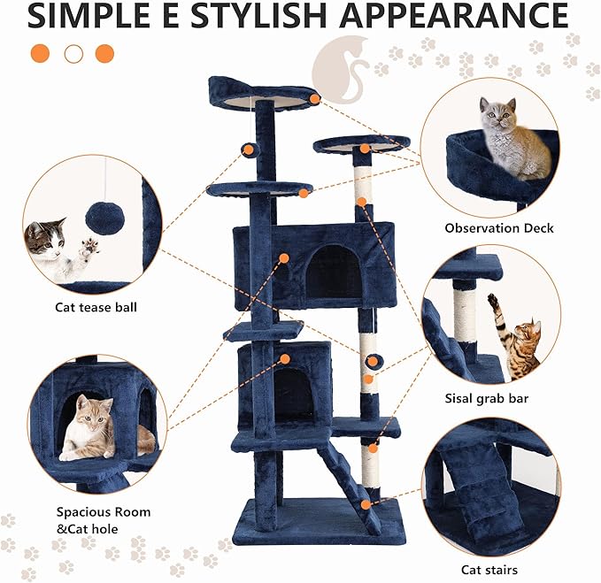 Cat Tree for Indoor Cats, Multi-Level Cat Tower with Scratching Posts & Cozy Condo, Space Saving Cat Activity Center, Durable Pet Play House (54in,Navy Blue)