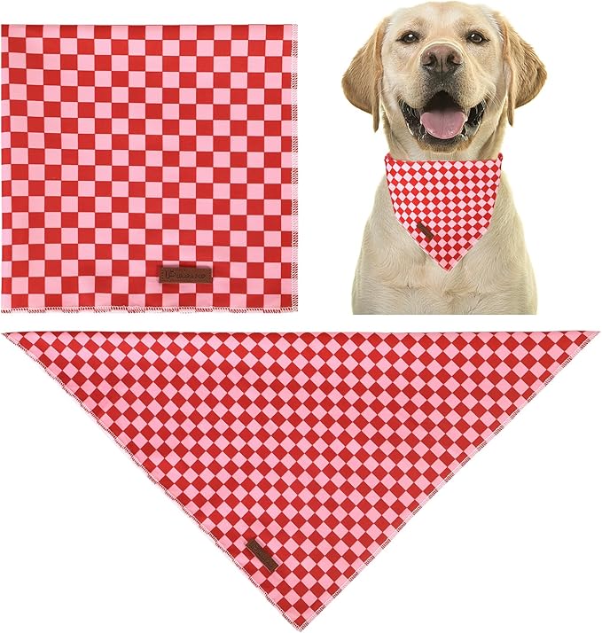 Red and Pink Plaid Dog Bandana–Red and Pink Checked Triangle Scarf for Small Medium Large Dogs, Soft Cotton Pet Bib for Dogs, Adjustable Dog Kerchief