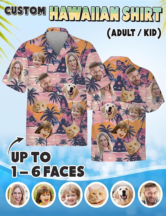 Custom Hawaiian Shirt with Face Photo Picture for Men Women Kids Youth Adult, Tropical Personalized Hawaiian Shirts Gift
