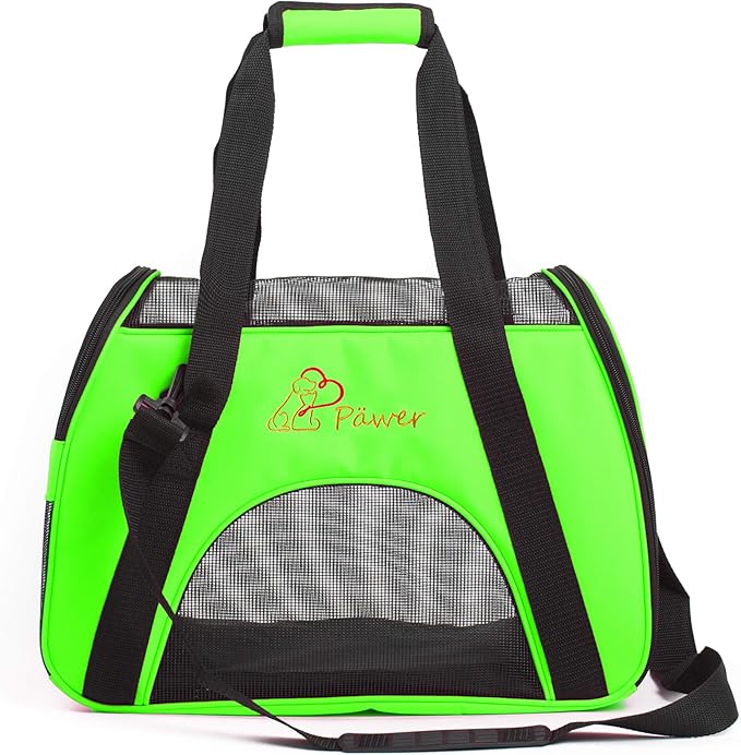 Pawer Soft-Sided Pet Carrier for Cat and Small Dog,Bright Green Color,Medium Size,Washable Cloth Airline Approved Travel Tote,with 2 Mesh Opens and a Strap for Carry,Multiple Colors Available