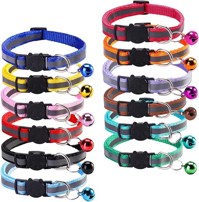 12 Pcs Reflective Breakaway Cat Collars with Bells Adjustable Buckle Kitten Collars Soft Nylon Identification Collares Gifts for Puppy Kittens Pet Supplies Accessories