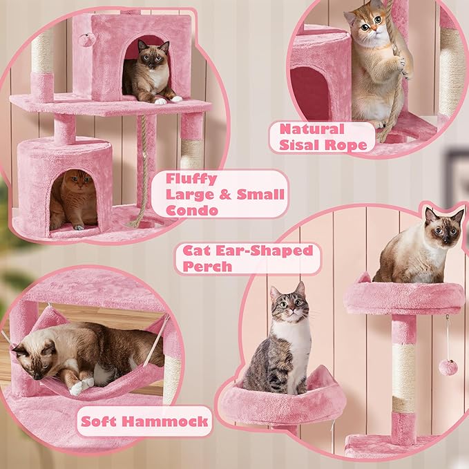 Yaheetech Cat Tree, 70.5in Cat Tower for Indoor Cats, Multi Level Cat Condo Activity Center Play House with Hammock, 2 Plush Perches, Dangling Ball, Pink