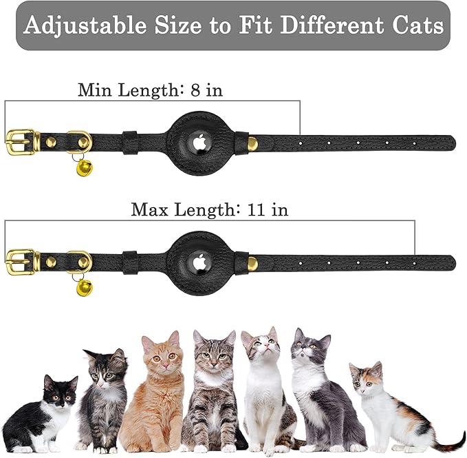 OOPSDOGGY Leather AirTag Cat Collar with Bell - Non Breakaway Kitten Collar with Apple Air Tag Holder - Lightweight GPS Pet Collars for Girl Boy Cats, Small Dogs, Puppies (Black)