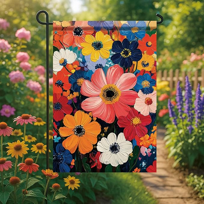 Garden Flag Colorful Flower Field Oil Painting Style Yard Welcome Banner Double Sided Spring Summer Outdoor Decoration for Lawn Patio Artistic Floral Seasonal Garden Decor 12 x 18 Inch