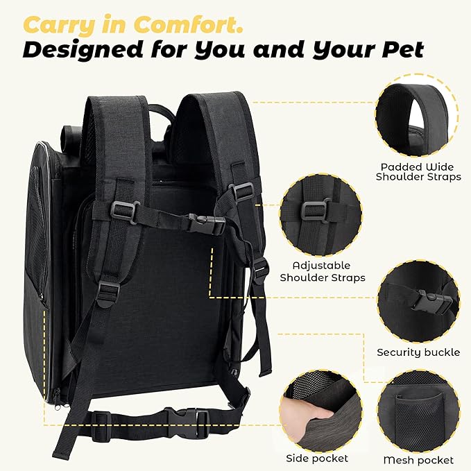 Zavothy Cat Backpack Carrier, Expandable Airline Approved Pet Backpack for Small Cats & Dogs, Breathable Mesh Cat Carrier Backpack with Padded Bottom, Foldable Travel Bag – Black