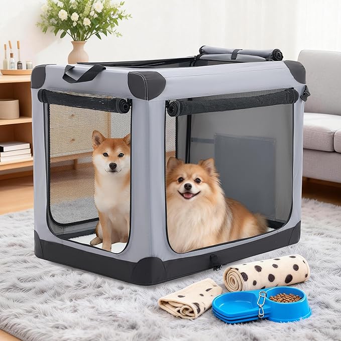 Dog Travel Crate 42 Inch, Portable Soft-Sided Travel Carriers for Dogs and Cats, Foldable Pet Kennel with 3-Doors Mesh Windows Indoor & Outdoor, Grey