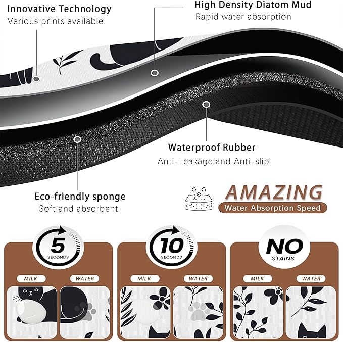 Cute Black Flower Dog Cat Food Mat,Absorbent Pet Feeding Mat with Rubber Backing,Non-Slip Water Bowl Placemat,Indoor Pet Accessories Supplies 16"x24"