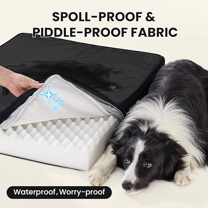 OhGeni Orthopedic Waterproof Dog Bed for Medium Large Dogs, Machine-Washable Removable Cover in Easy-Clean Fabric, High Density Foam & Easy-Carry Handle, Suitable for Crate, 35 inch (Black)