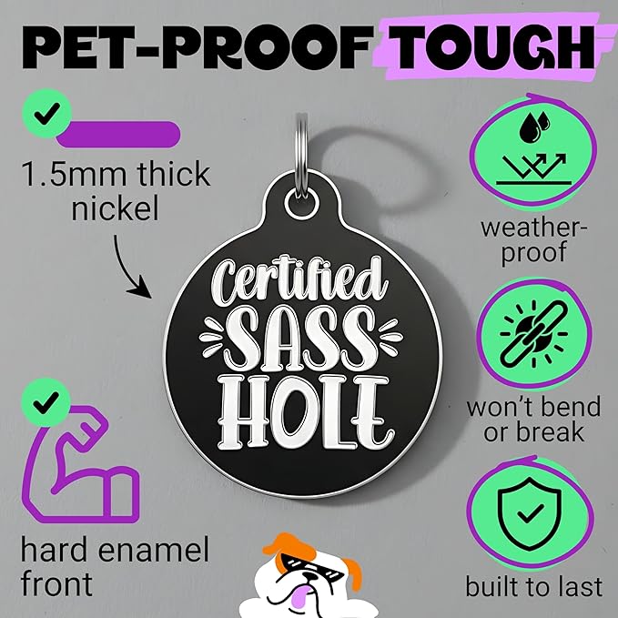 Bad Tags Personalized Dog and Cat ID Tags in 25+ Designs and 2 Sizes - 5 Lines of Custom Engraved Text - Funny Cute Personalized Pet Tags (Certified Sass Hole, Small (1 inch))