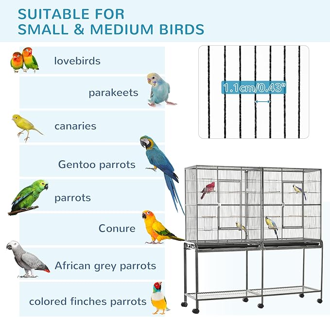PawHut 65" Double Rolling Metal Bird Cage with Divider, Large Parrot Cage for Parakeet, Canaries, Lovebirds, Budgie, Finch, with Detachable Rolling Stand, Storage Shelf, Wood Perch & Food Container