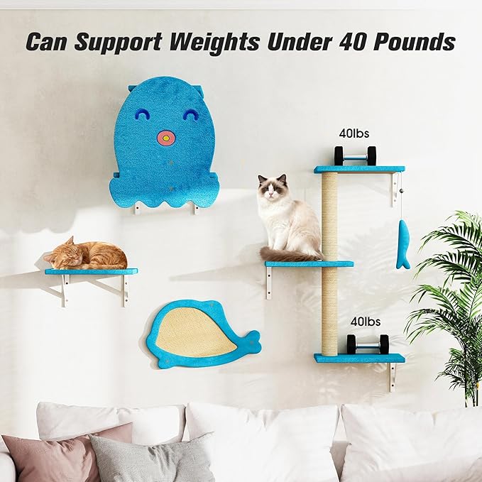 COZIWOW 4-Piece Wall-Mounted Cat Tree Set – Sturdy Wood Pet House, Scratching Board, Platforms, Sisal Posts & Blue Fish Charm – Ocean Blue