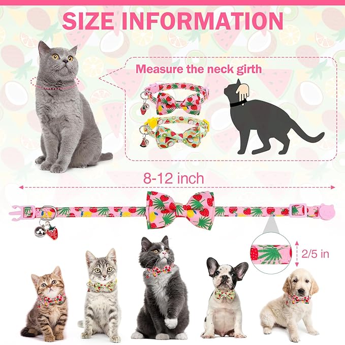 Cat Collar with Bell Bow Tie Fruit Breakaway Bowtie Cat Collar for Spring Summer, Adjustable Safety Kitten Collars with Removable Bowtie & Charm for Boys Girls Male Female Cats