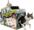 HappyCat Safari Truck Cat Scratcher House - Adventure-Themed Cardboard Cat Playhouse with Scratch Panels & Interior Space - Jungle Truck Theme Cat Activity Center