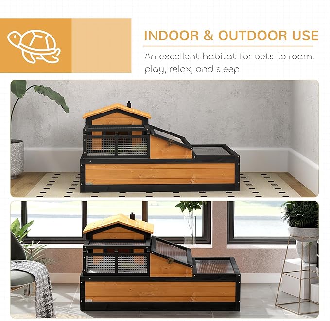 PawHut 3- Room Tortoise House Habitat with Balcony & 2 Stories, Indoor/Outdoor Wooden Tortoise Enclosure with Ladder, Tray, Openable Roof, Large Reptile Cage, 44" x 25.5" x 23", Yellow