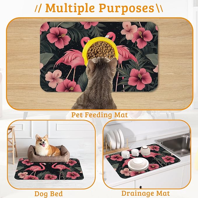 Pet Feeding Mat,Pink Flamingo Absorbent Dog Cat Food Mat Palm Leaves Dog Mat with Rubber Backing,Non-Slip Water Bowl Placemat,Pet Supplies 16" x 24"