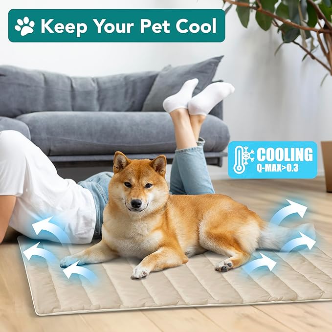 PetAmi Cooling Mat for Dog, Premium Pet Cooling Blanket for Crate Kennel, Indoor Cat Cool Sleeping Pad, Q-MAX Cold Sofa Couch Cover for Summer, Taupe/Beige, Medium (29x40)