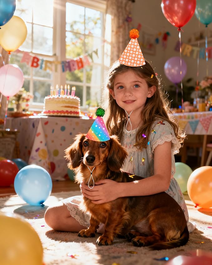 PET SHOW 10 Pack Small Party Hats for Medium Dogs Birthday Stuffed Animals Puppy Adjustable Headband Colorful Holiday Felt Hats Pet Grooming Costume Accessories