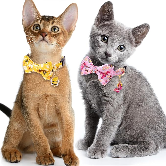 Faygarsle 2 Pack Breakaway Bowtie Cat Collar with Bell for Male Female Cats Soft Fancy Yellow Pink Bee Butterflies Pattern Spring Summer for Boy Girl Cats