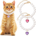 2pcs Cat Dog Pearl Collar, Small Heart Shape Rhinestone Pet Necklace, Adjustable Wedding Party Pet Jewelry Accessories for Puppy Small Cats- Purple & Red