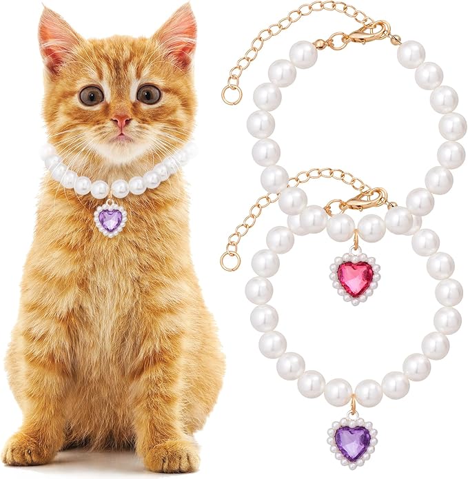 2pcs Cat Dog Pearl Collar, Small Heart Shape Rhinestone Pet Necklace, Adjustable Wedding Party Pet Jewelry Accessories for Puppy Small Cats- Purple & Red