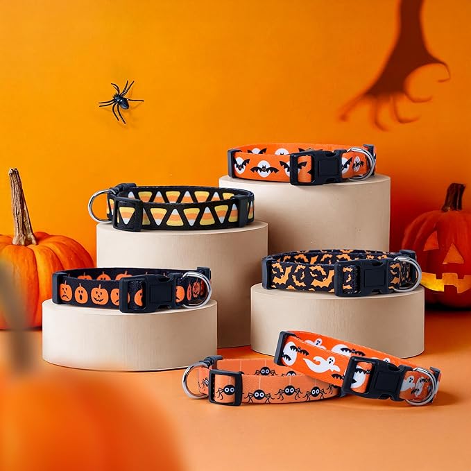 Native Pup Halloween Dog Collar- Spooky Fall Themed Horror Costume Collars- Skull, Pumpkin, Ghost, Bat, Witch, Candy Corn, Spider- Adjustable for Small, Medium, Large Breeds (Medium, Ghosts)