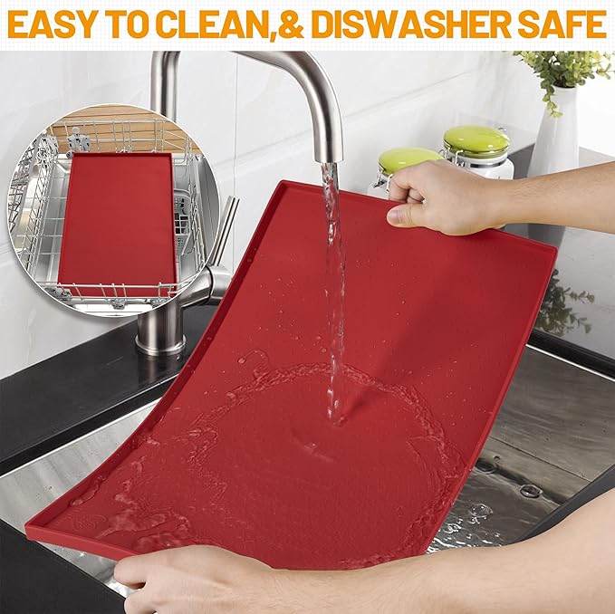 Hubulk Dog Feeding Mat,100% Waterproof Food Grade Silicone Pet Food and Water Bowl Placemat,Dishwasher, High Raised Edge to Prevent Spills,Nonslip Tray to Stop Messes on Floor（28"x18"x0.8", Red）