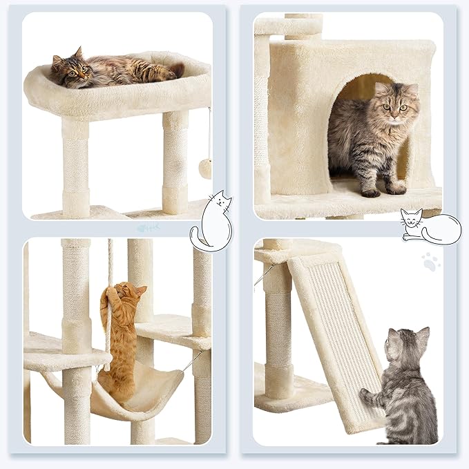 Yaheetech 54in Sturdy Cat Tree for Large Cats, Multi-Level Kitten Condo with Scratching Posts, Hammock & Top Perch, Indoor Pet Furniture for Kitties to Play, Climb, Scratch & Sleep, Beige