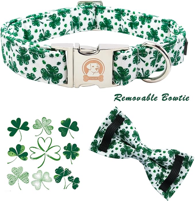 MR. CHUBBYFACE St.Patrick's Day Dog Collar Green Clovers Adjustable Dog Collar Bow Tie for Small Medium Large Dogs