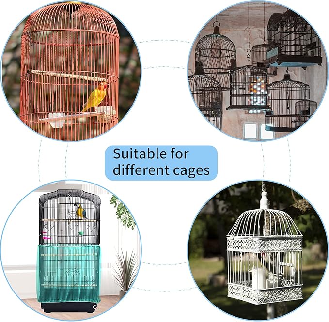 Daoeny Universal Bird Cage Cover, Adjustable Seed Feather Catcher, Soft Airy Nylon Mesh Parrot Net, Birdcage Cover Skirt Sheer Guard for Round Square Cages (Green)