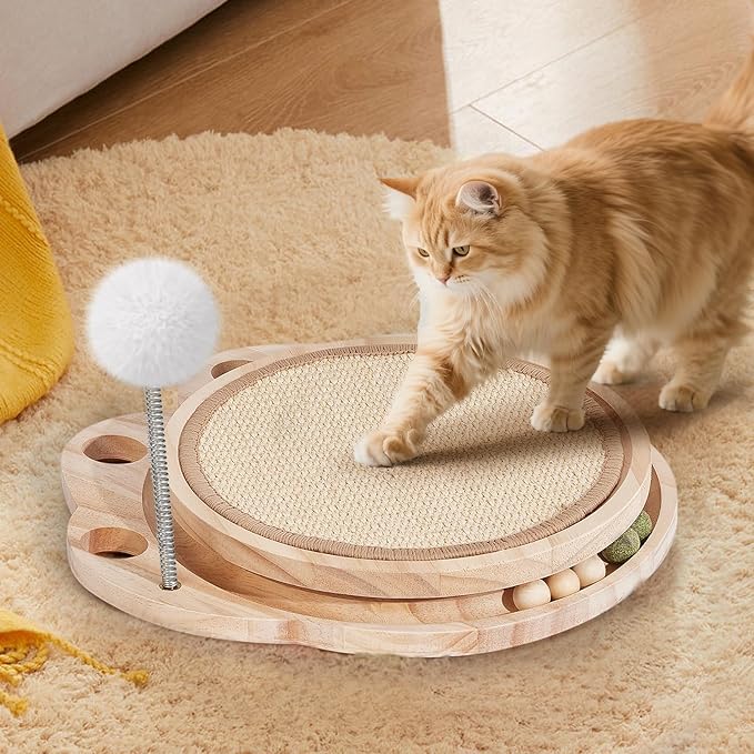Cat Scratcher Board, 3-in-1 Cat Scratcher & Activity Center with Sisal Scratching Pad, Ball Track & Spring Toy, Interactive Cat Furniture for Indoor Cats