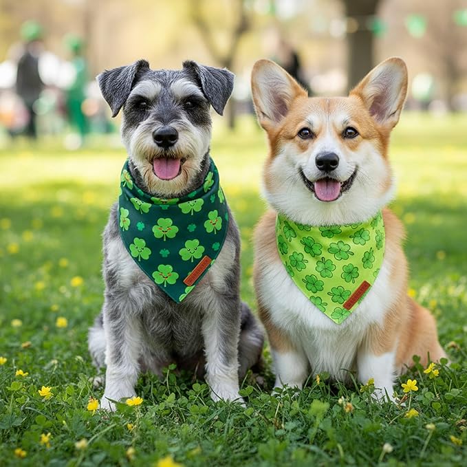 ADOGGYGO St Patrick Dog Bandana 2 Pack, Reversible Shamrock Pet Scarf Bib, Adjustable Fit Green St Patricks Day Bandanas for Small Dogs (Small)
