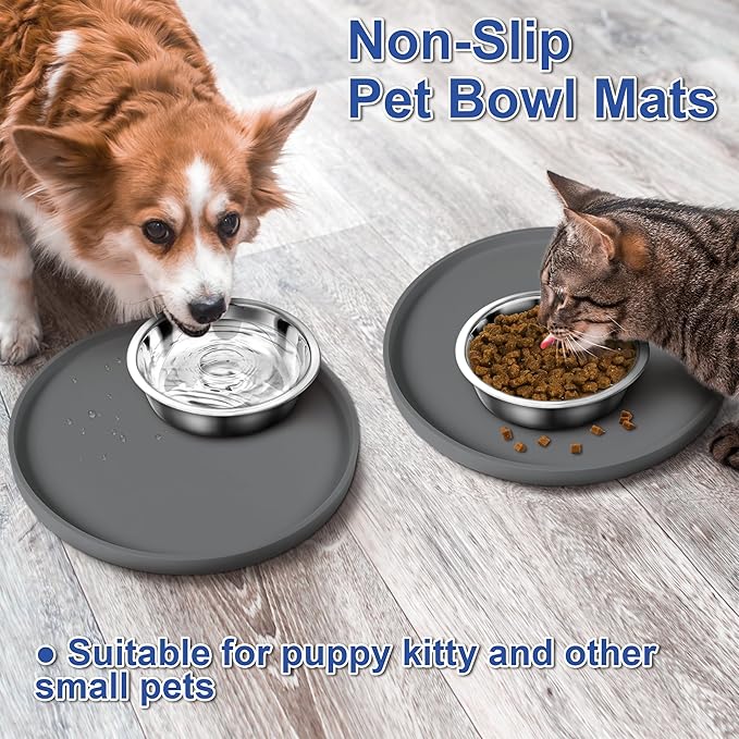 4 PCS Thickened Pet Silicone Food Mat, Nonslip Waterproof Cat Dog Feeding Bowl Mats with Raised Edges for Food and Water Prevent Spills, Round Eating Tray for Floors, Puppy Kitten, 10'' x 10''