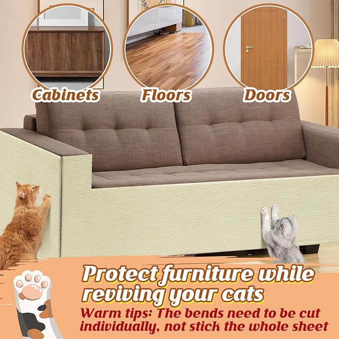 78.7''x14.6'' Trimmable Cat Scratch Furniture Protector - Climbing Self-Adhesive Cat Scratching Pad Mat, Couch Protector from Claws for Scratch Post Cat Tree Shelves Wall, Beige