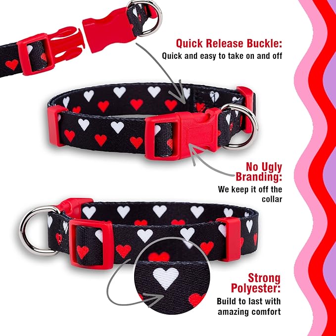 Native Pup Valentine Dog Collar - Valentine's Day Pet Collar - Girly Hearts - Pink & Red Heart - Cute Boy & Girl Puppy Gift - Adjustable for Small, Medium, Large Breeds (White & Red Hearts, Medium)