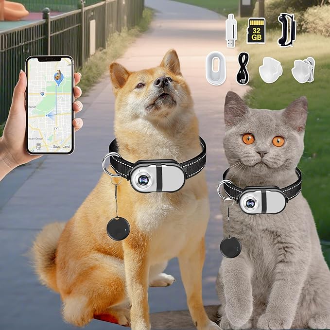 Pet Camera Collar with Air Tracker Tag, 1080P HD Wireless Dog Neck Cam Compact Action Camera for iOS,32GB Storage, Fully Charged Before Use, No WiFi Needed（GPS Just for iOS）