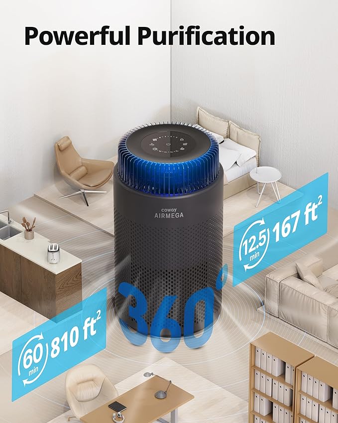 COWAY Air Purifiers for Bedroom Home up to 810 ft², HEPA Filter for Smoke, Allergies, Pet Dander, Odor, AQI Monitor, Auto&Sleep Mode, Timer, Filter Indicator, Night Light, 3yr Warranty, 100 Black