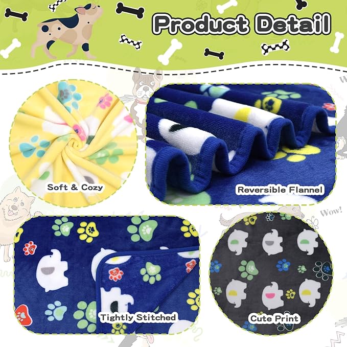 Rezutan Dog Blanket for Medium Dogs 1 Pack 3 Premium Soft Cat Puppy Blankets, 31x24 inch,Flannel Cute Elephant & Paw Print for Small Kitten,Grey/Blue/Yellow.